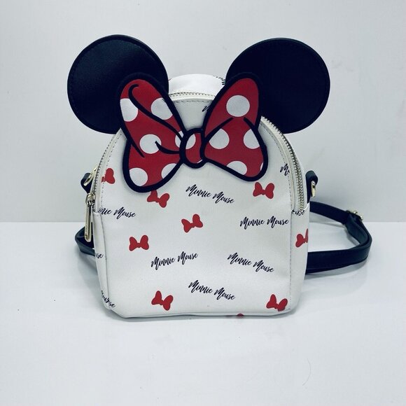 Loungefly Disney Mini Purse/Bag Pack  Minnie Mouse Signature Ears White Stripped - Picture 1 of 12